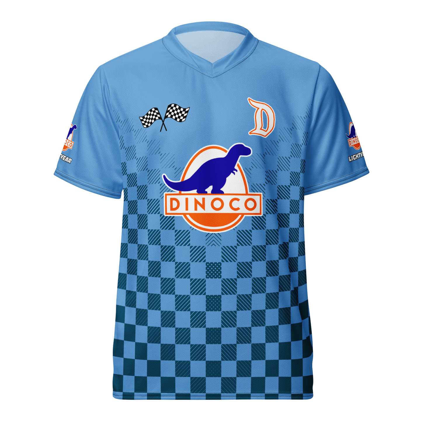 Lightning McQueen inspired Football shirt. Vintage race check style blue dinoco Disney inspired soccer shirt