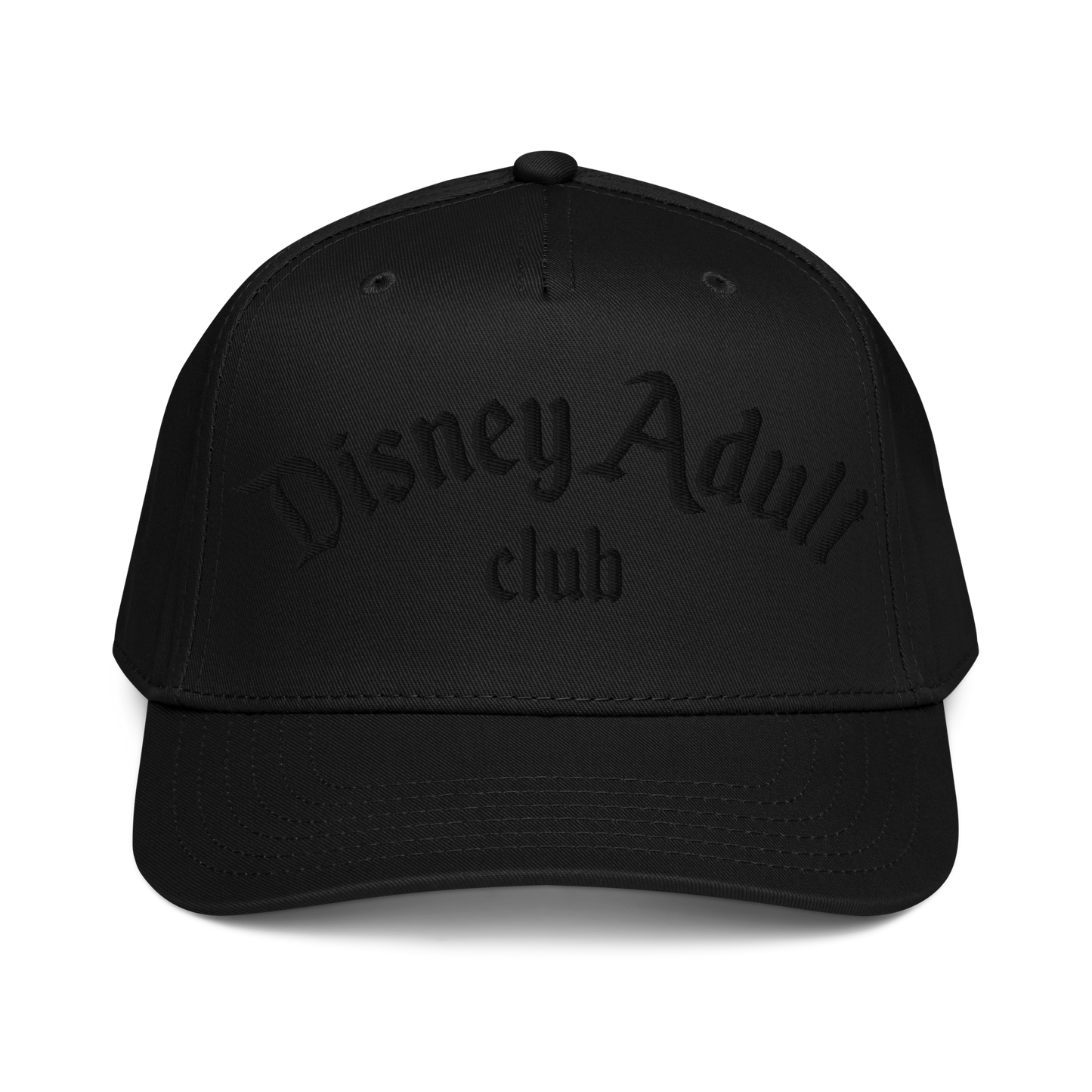 Black cap with 'Disney Adult Club' text on a white background