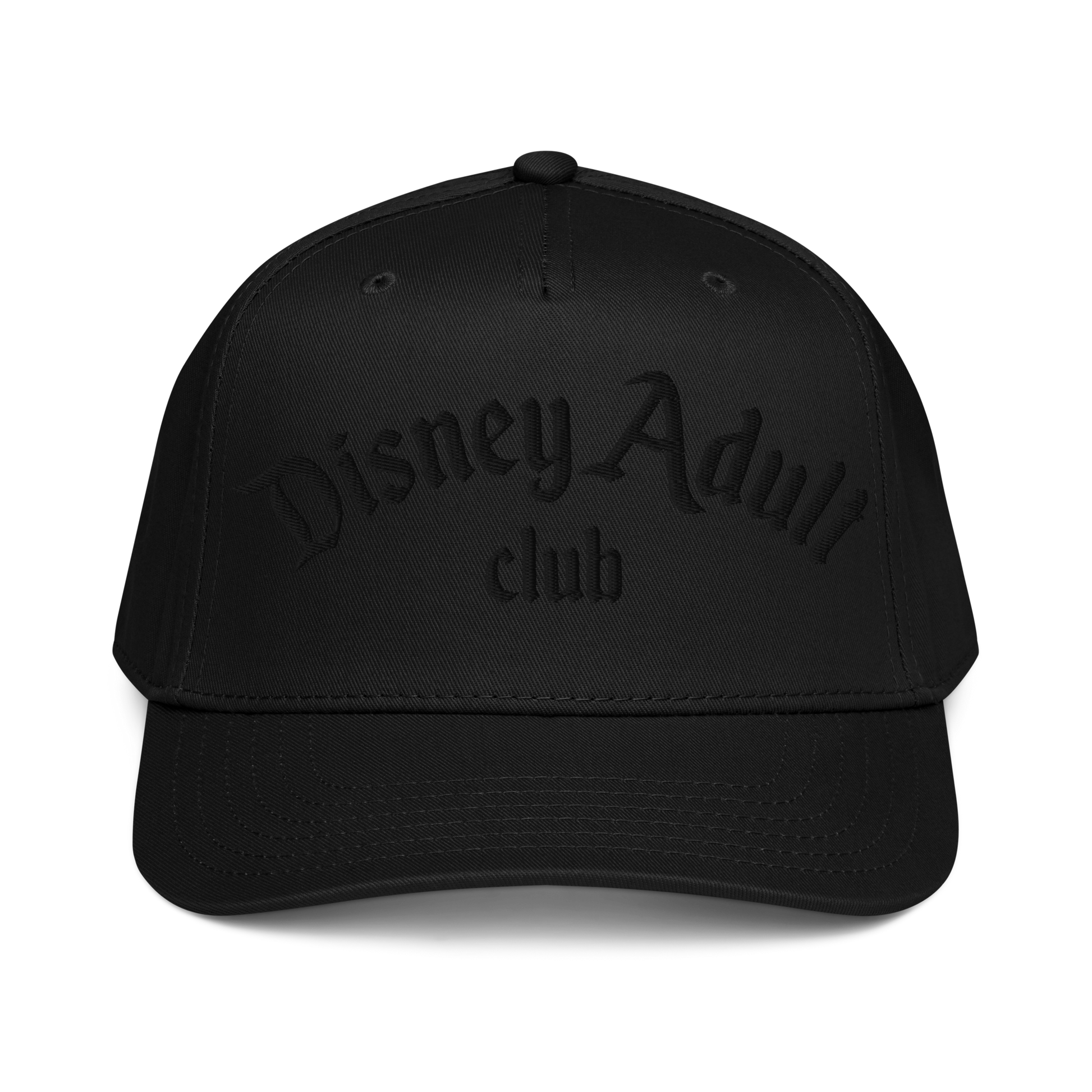 Black cap with 'Disney Adult Club' text on a white background