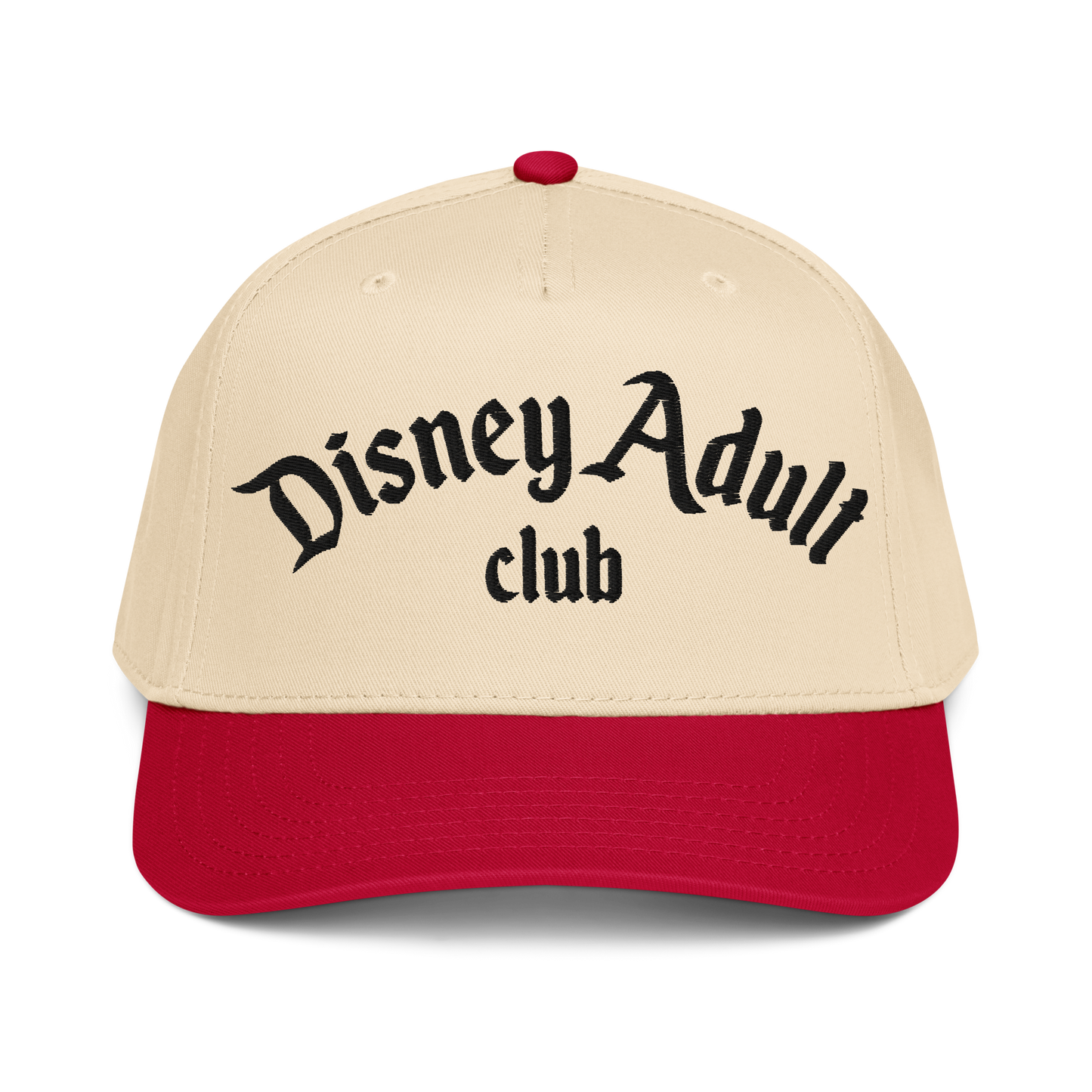 Beige and red cap with 'Disney Adult Club' text on a white background