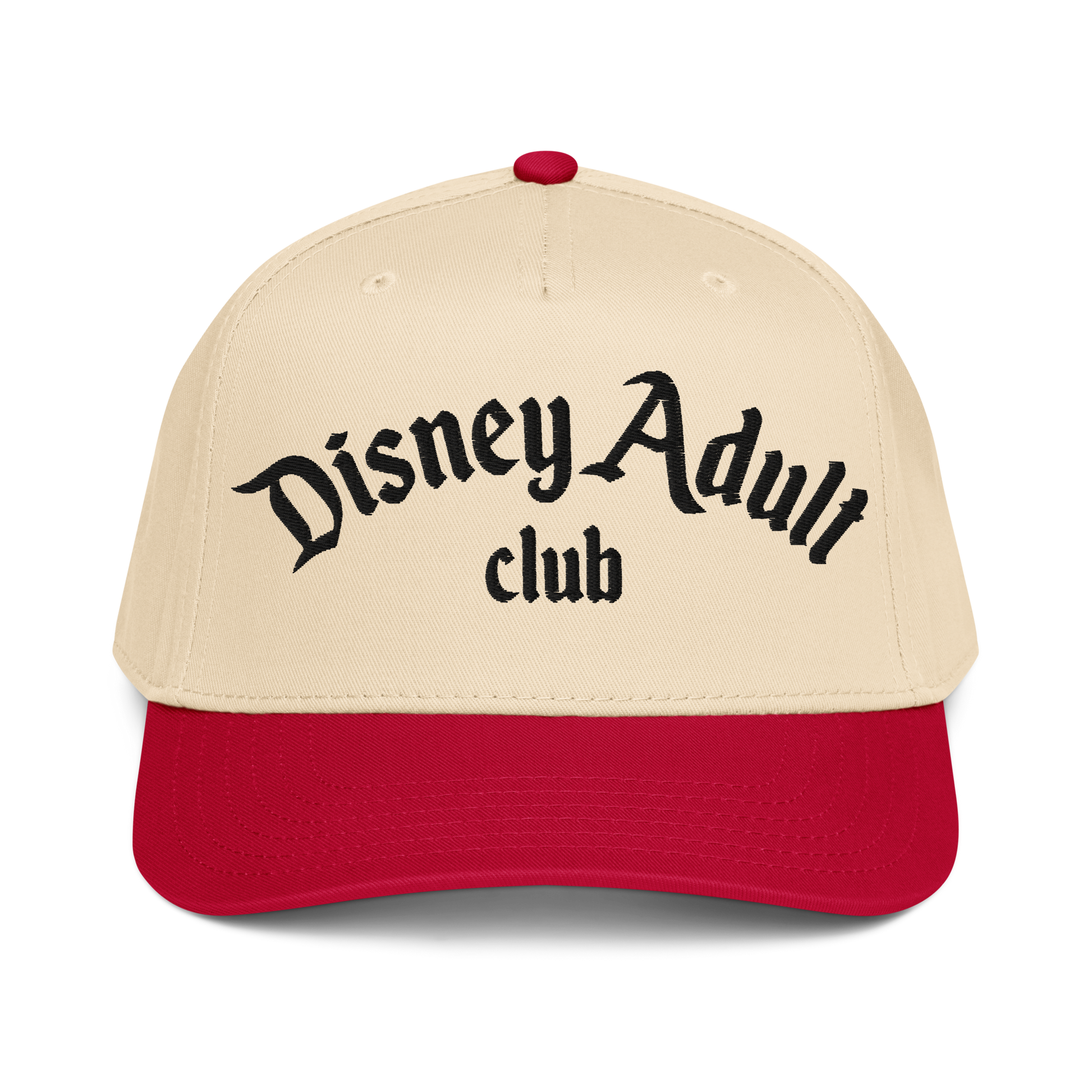 Beige and red cap with 'Disney Adult Club' text on a white background
