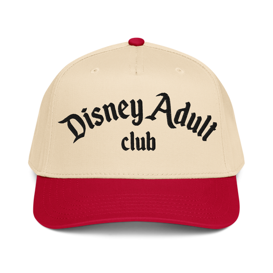 Beige and red cap with 'Disney Adult Club' text on a white background
