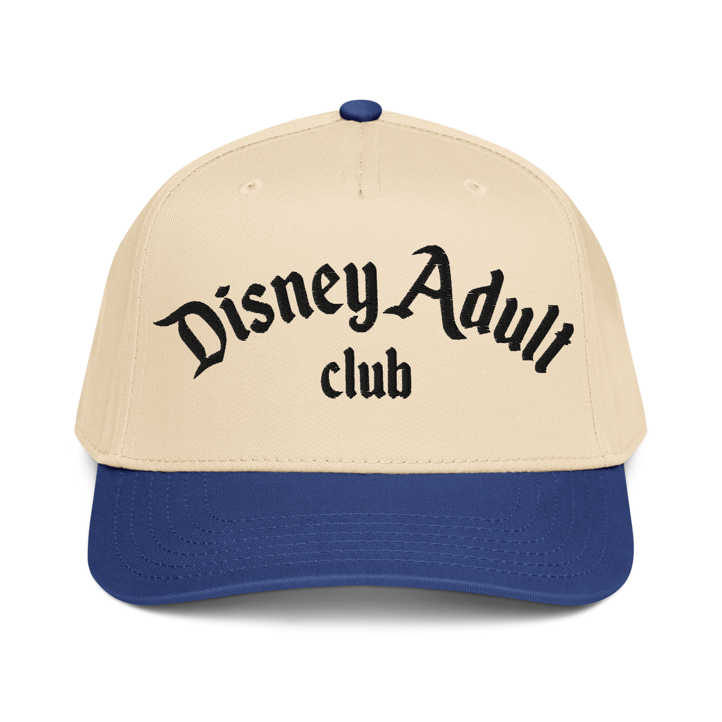 Beige and blue cap with 'Disney Adult Club' text on a white background