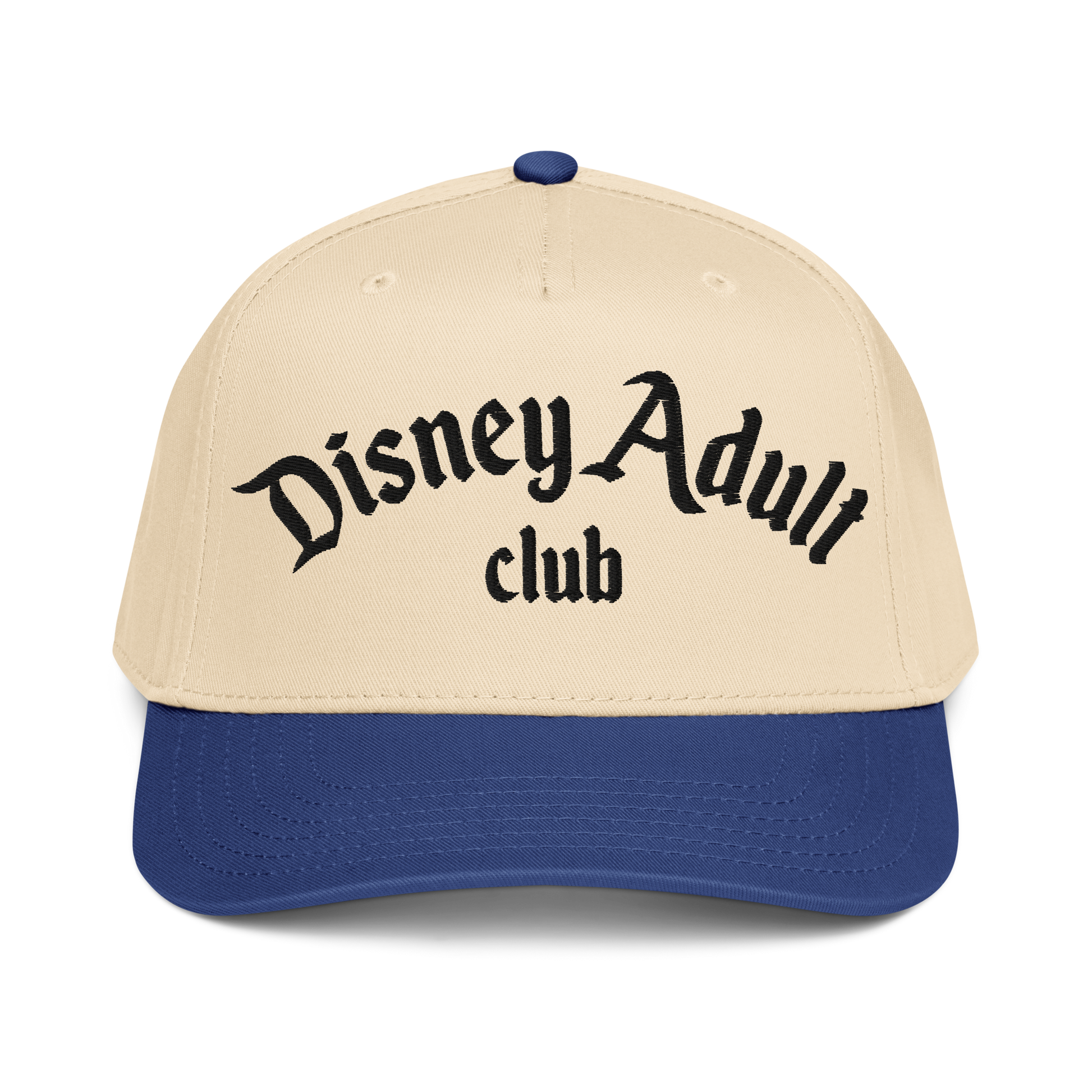 Beige and blue cap with 'Disney Adult Club' text on a white background