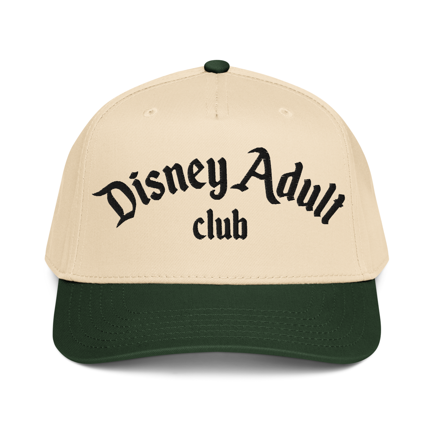 Beige and green cap with 'Disney Adult Club' text on a white background