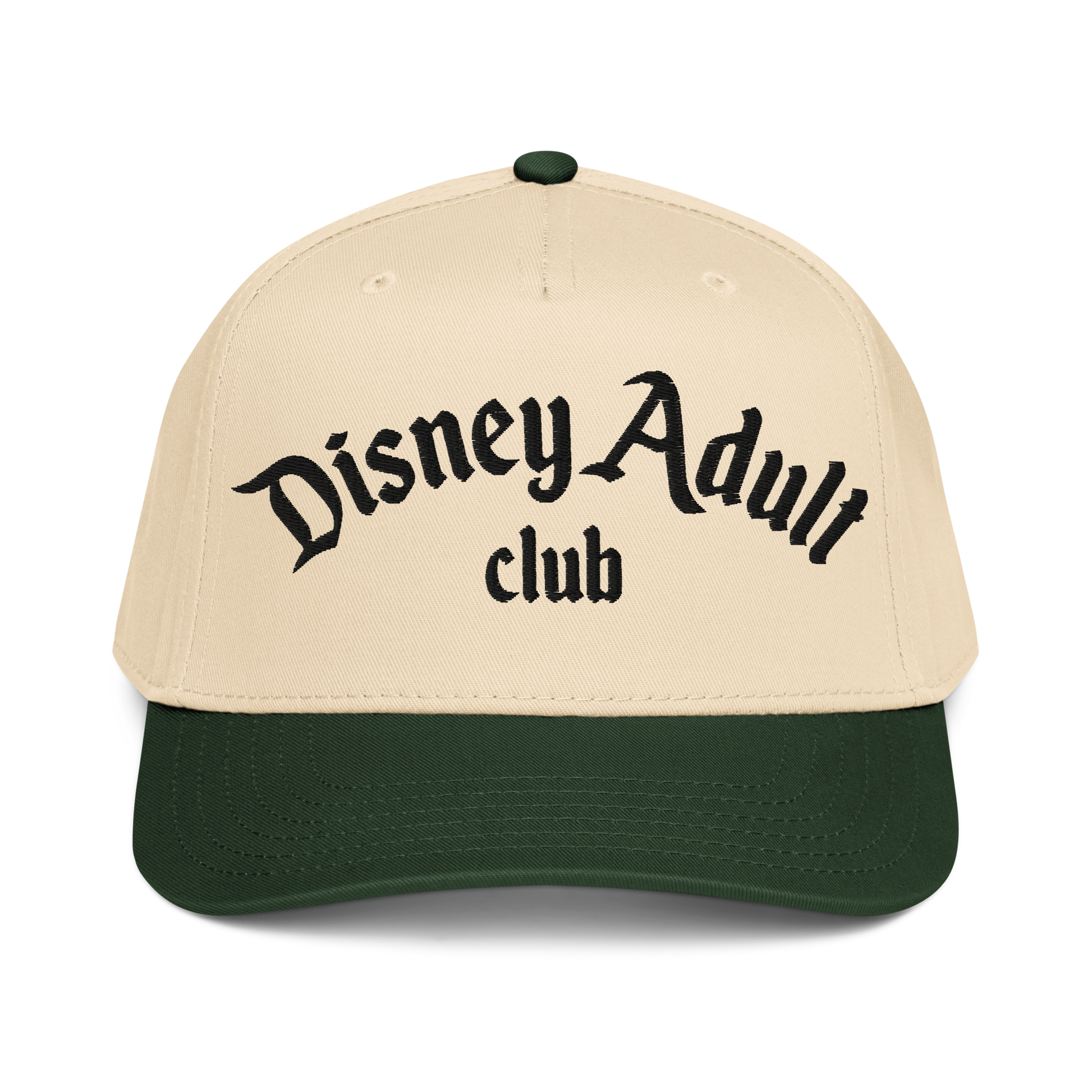 Beige and green cap with 'Disney Adult Club' text on a white background