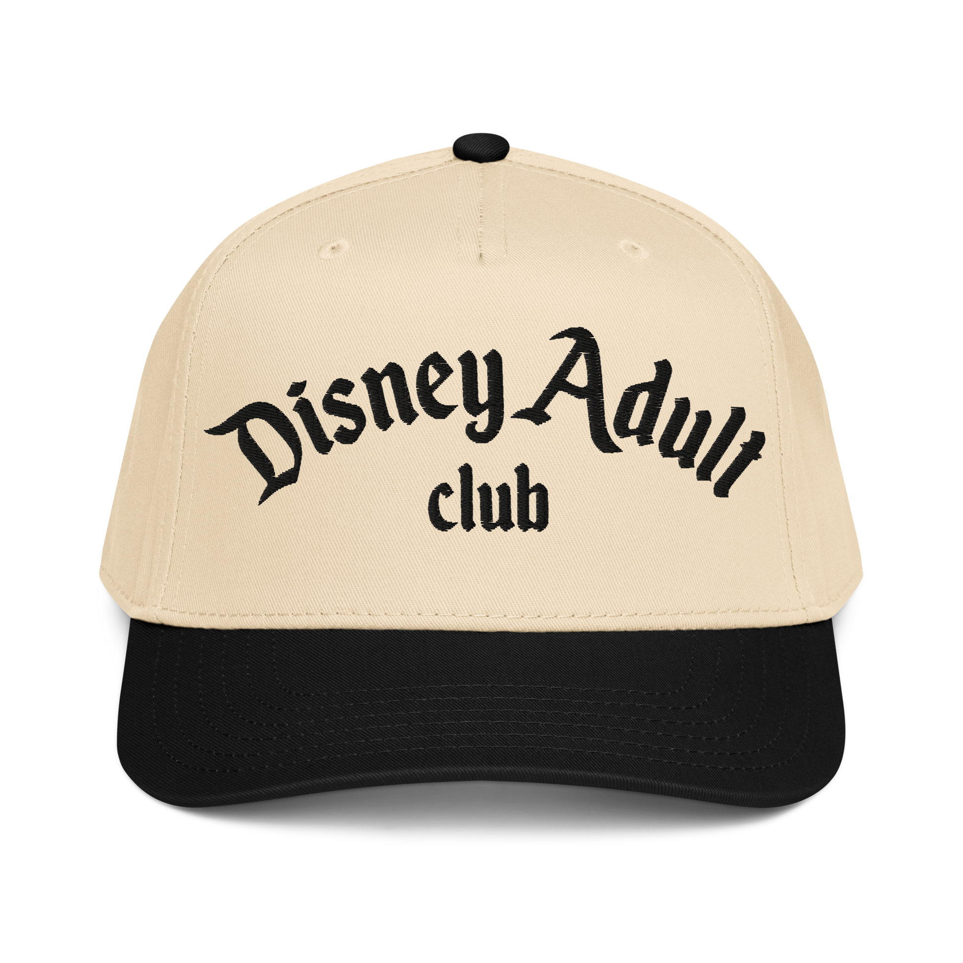 Beige and black cap with 'Disney Adult Club' text on a white background