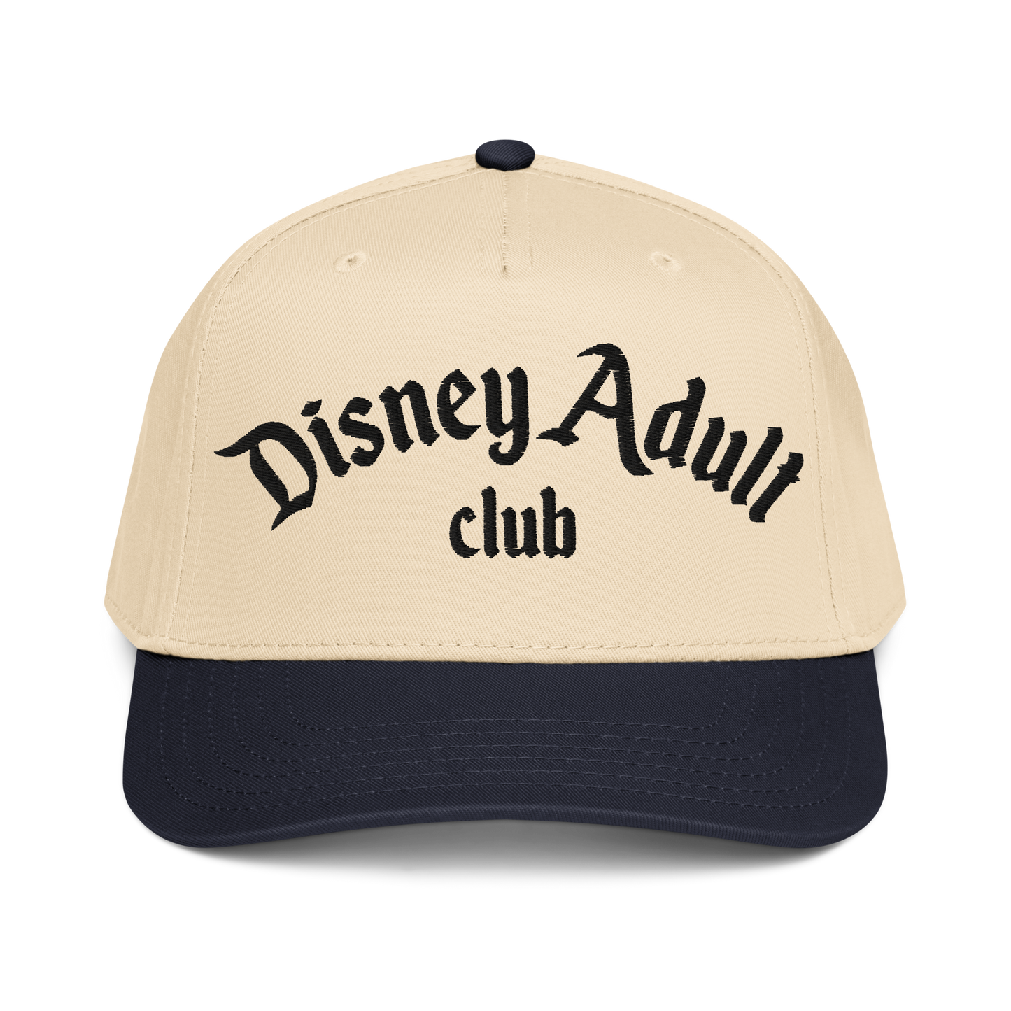 Beige and navy cap with 'Disney Adult Club' text on a white background