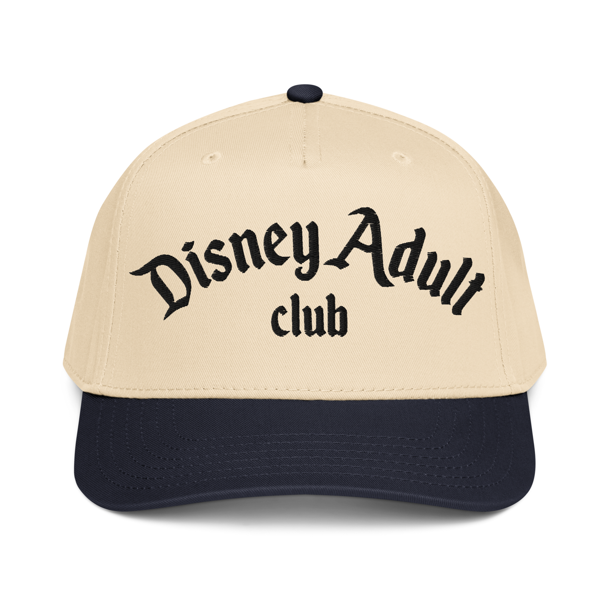 Beige and navy cap with 'Disney Adult Club' text on a white background