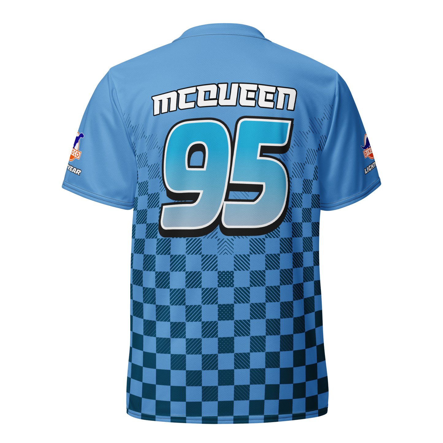 Lightning McQueen inspired Football shirt. Vintage race check style blue dinoco Disney inspired soccer shirt