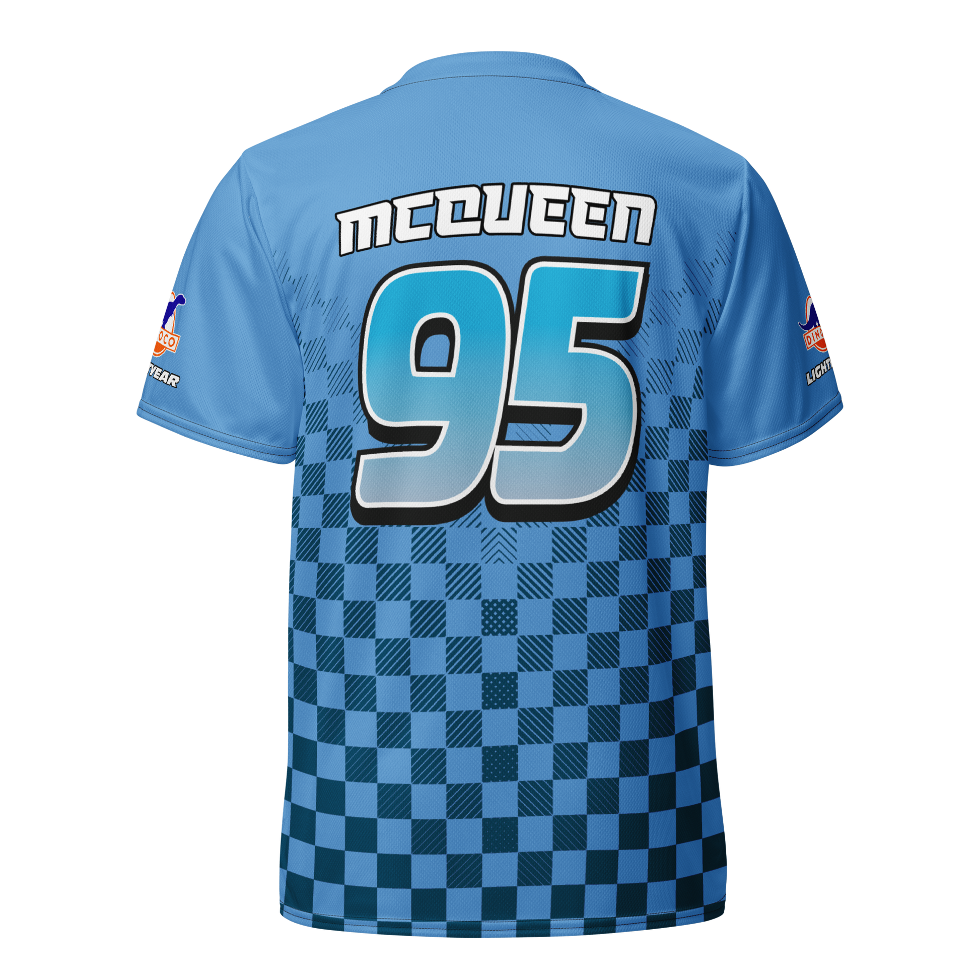 Lightning McQueen inspired Football shirt. Vintage race check style blue dinoco Disney inspired soccer shirt