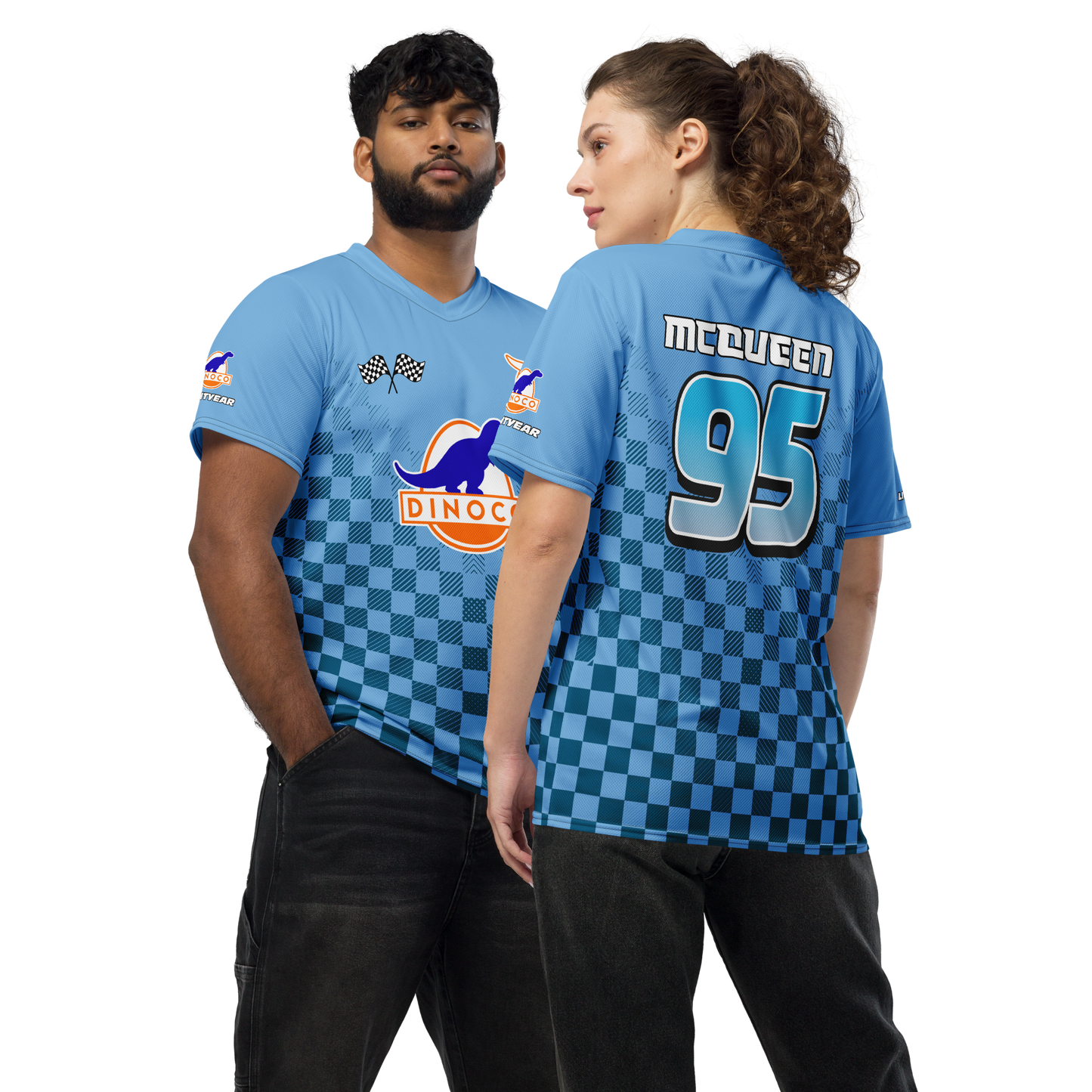 Lightning McQueen inspired Football shirt. Vintage race check style blue dinoco Disney inspired soccer shirt