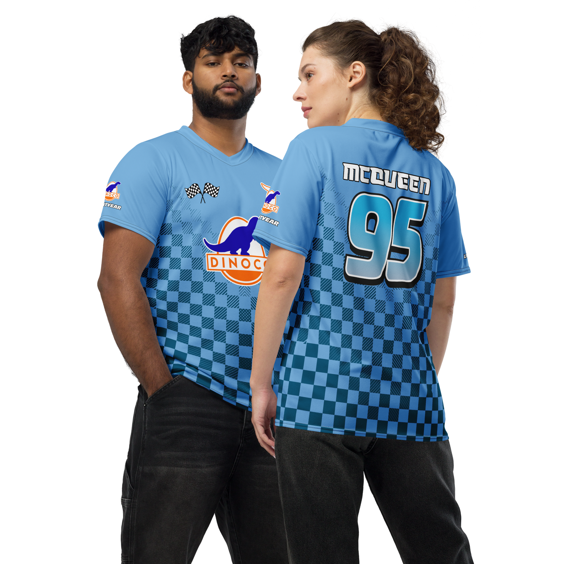 Lightning McQueen inspired Football shirt. Vintage race check style blue dinoco Disney inspired soccer shirt