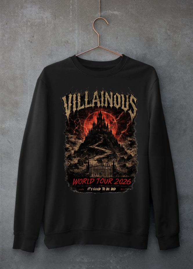 Villainous Tour Volume 2 Disney-inspired black T-shirt featuring a dark castle graphic on the front and a concert-style back design with tour dates and favourite Disney villain names.
