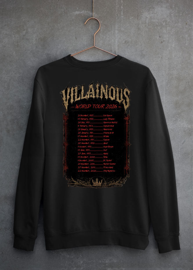 Villainous Tour Volume 2 Disney-inspired black T-shirt featuring a dark castle graphic on the front and a concert-style back design with tour dates and favourite Disney villain names.