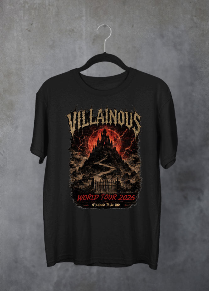 Villainous Tour Volume 2 Disney-inspired black T-shirt featuring a dark castle graphic on the front and a concert-style back design with tour dates and favourite Disney villain names.