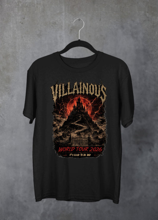 Villainous Tour Volume 2 Disney-inspired black T-shirt featuring a dark castle graphic on the front and a concert-style back design with tour dates and favourite Disney villain names.