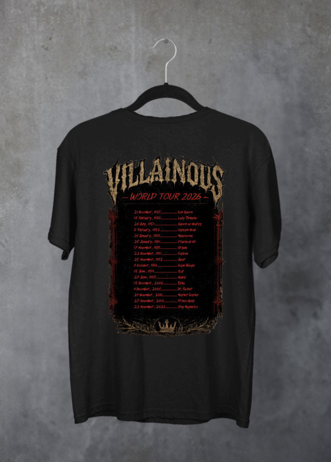 Villainous Tour Volume 2 Disney-inspired black T-shirt featuring a dark castle graphic on the front and a concert-style back design with tour dates and favourite Disney villain names.