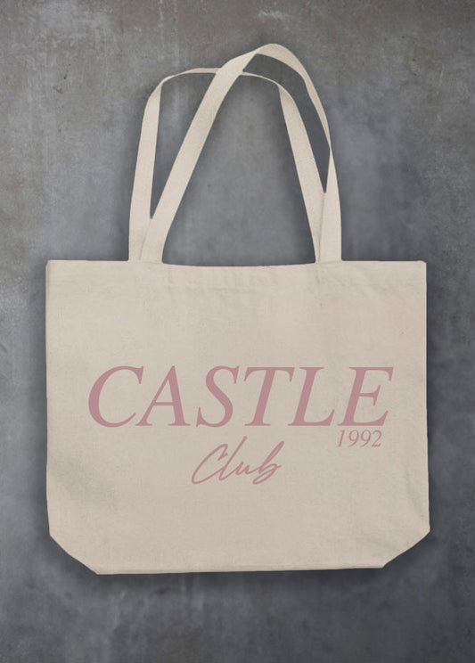 Castle Club Natural Tote Bag (Pink Text)