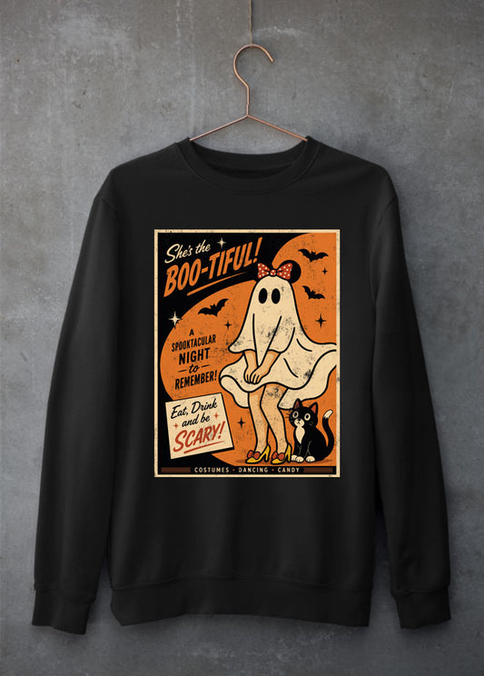 a Boo-tiful halloween sweatshirt featuring a vintage 1950s Minnie Mouse poster