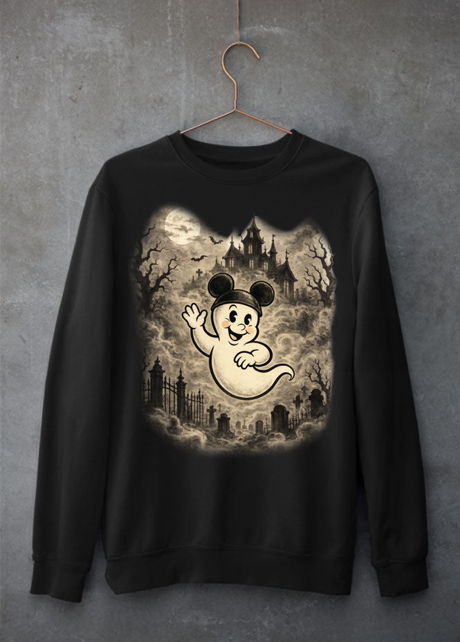 Meet the Ghosteteer, a spooky twist on a classic park icon. This playful Halloween T-shirt features a cartoon-style ghost wearing a Mousketeer-inspired hat, standing in front of a mysterious haunted house.