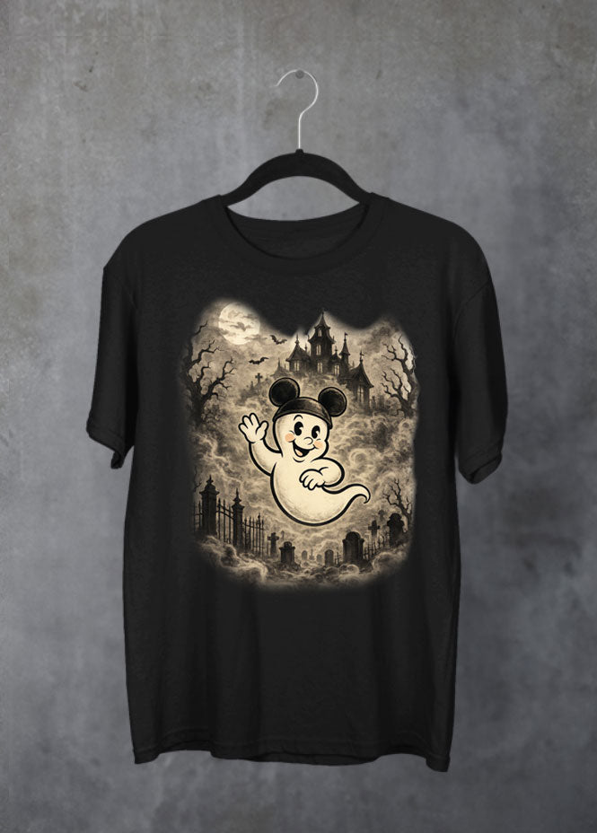 Meet the Ghosteteer, a spooky twist on a classic park icon. This playful Halloween T-shirt features a cartoon-style ghost wearing a Mousketeer-inspired hat, standing in front of a mysterious haunted house.