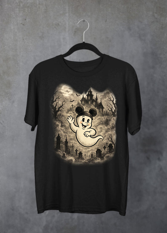 Meet the Ghosteteer, a spooky twist on a classic park icon. This playful Halloween T-shirt features a cartoon-style ghost wearing a Mousketeer-inspired hat, standing in front of a mysterious haunted house.