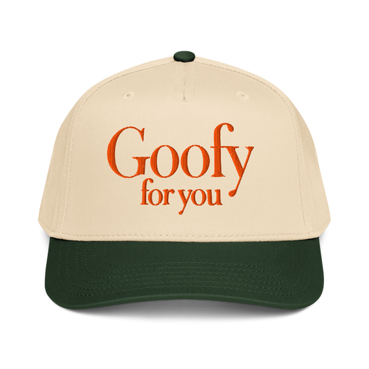 Beige cap with 'Goofy for you' text in orange on a white background