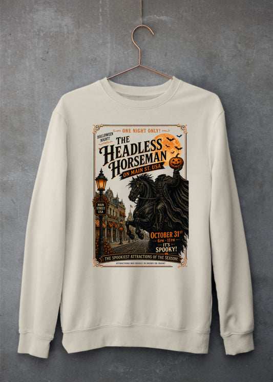 headless horseman inspired sweatshirt. The headless horseman holding a pumpkin whilst riding down main street usa on halloween night