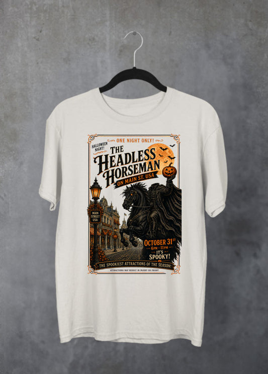 headless horseman inspired sweatshirt. The headless horseman holding a pumpkin whilst riding down main street usa on halloween night