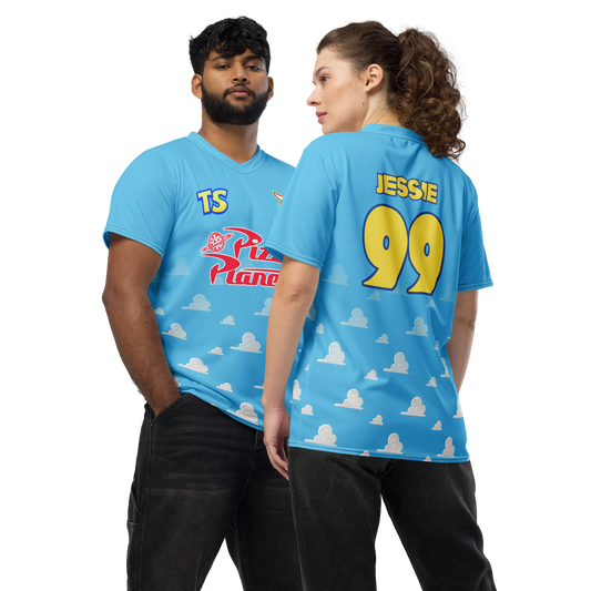 Jessie inspired Football shirt. Vintage style Disney inspired soccer shirt with blue clouds