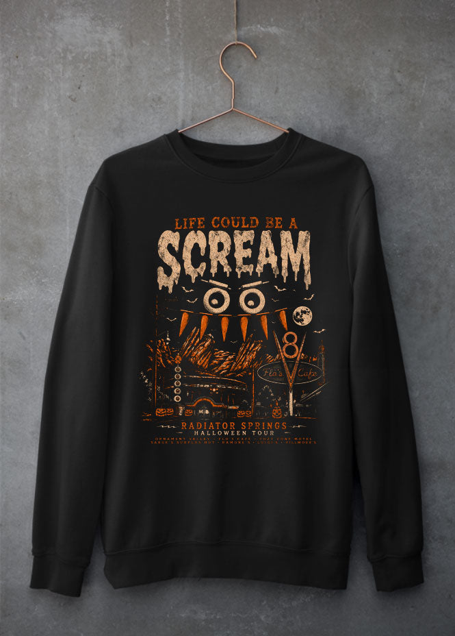 Life could be a SCREAM sweatshirt This design gives Radiator Springs a spooky twist with the playful phrase Life Could Be a Scream. Fun and clever, it blends the charm of Disney Cars with Halloween mischief.