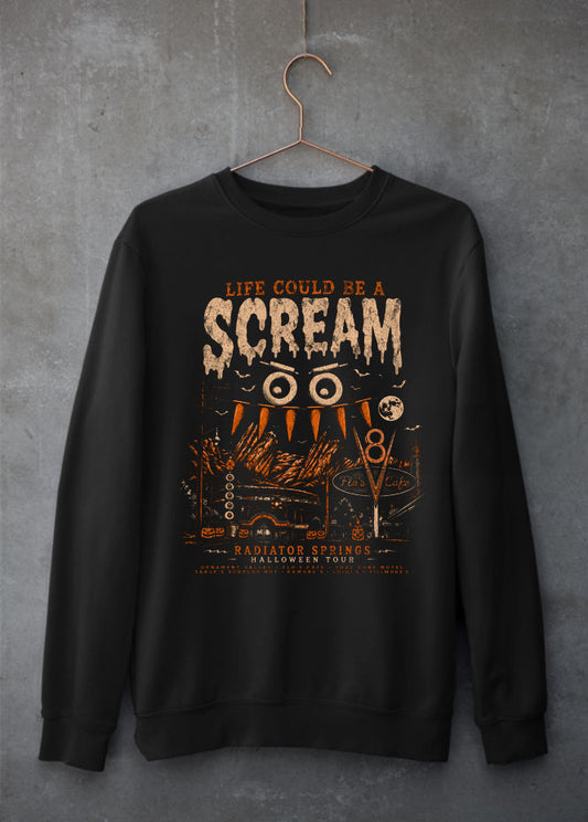 Life could be a SCREAM sweatshirt This design gives Radiator Springs a spooky twist with the playful phrase Life Could Be a Scream. Fun and clever, it blends the charm of Disney Cars with Halloween mischief.