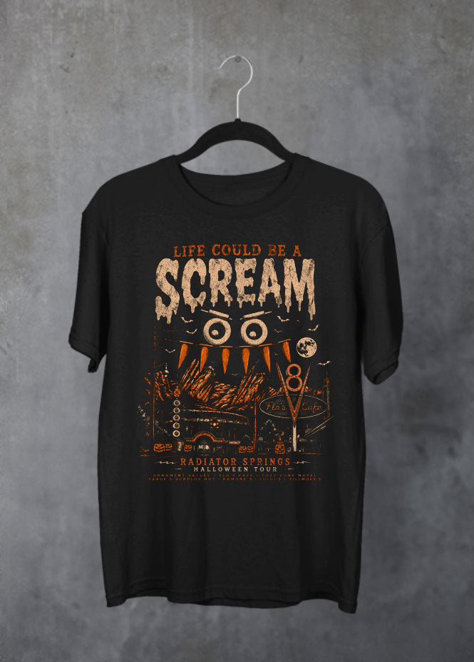 Life could be a SCREAM tshirt This design gives Radiator Springs a spooky twist with the playful phrase Life Could Be a Scream. Fun and clever, it blends the charm of Disney Cars with Halloween mischief.