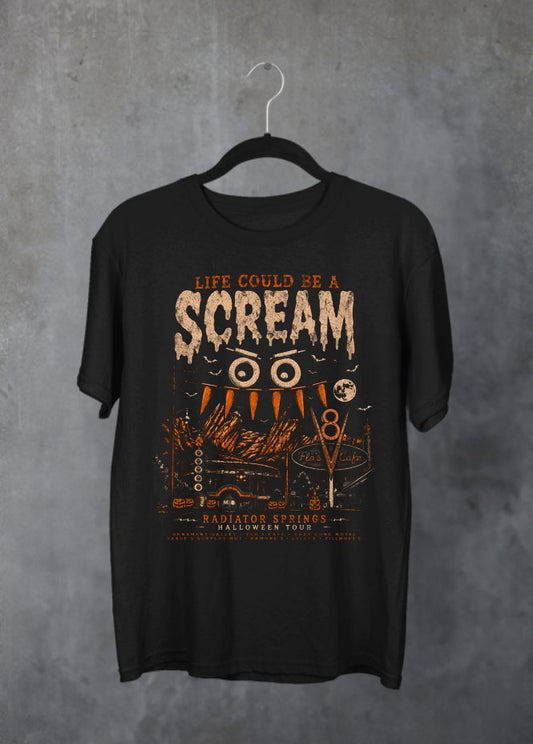 Life could be a SCREAM tshirt This design gives Radiator Springs a spooky twist with the playful phrase Life Could Be a Scream. Fun and clever, it blends the charm of Disney Cars with Halloween mischief.