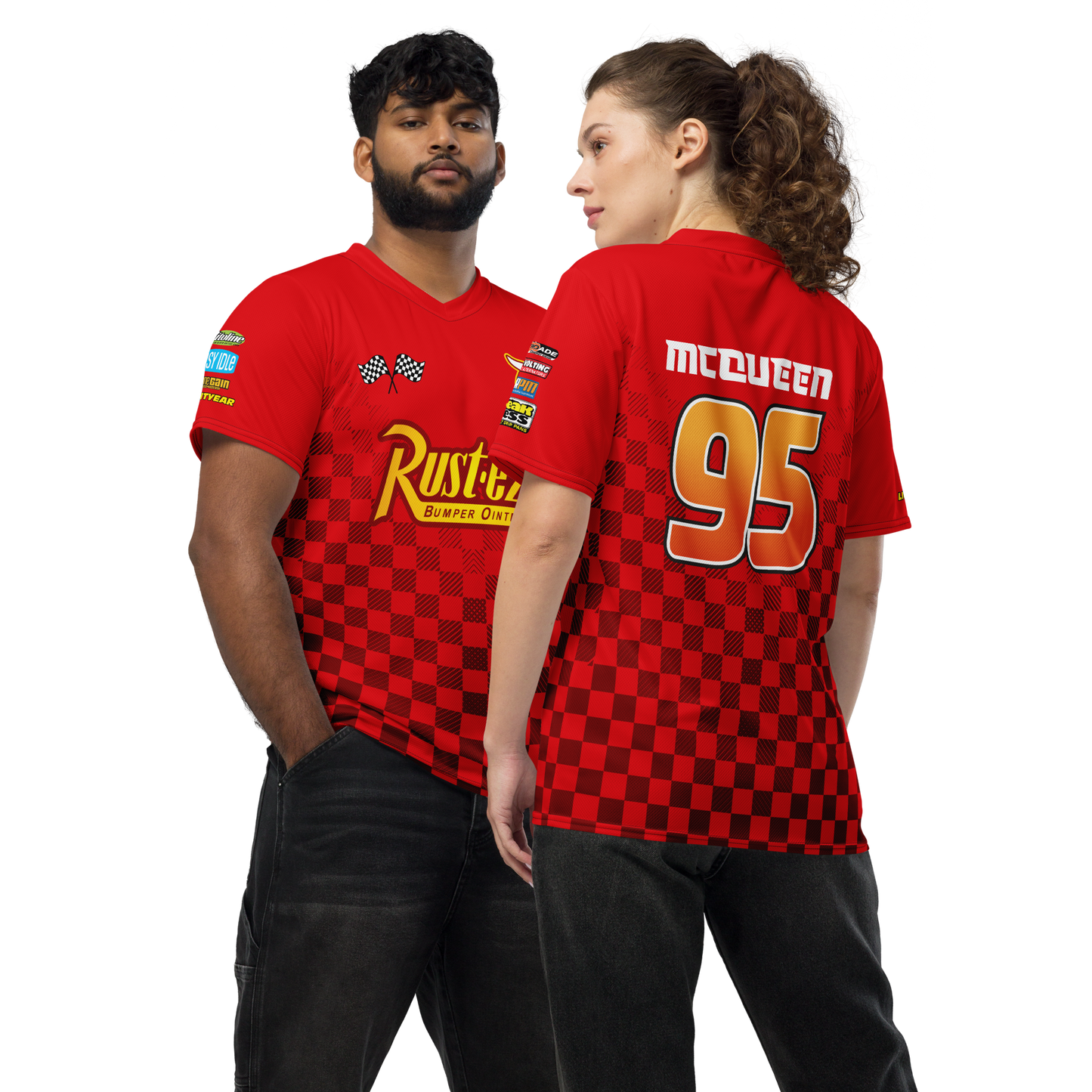 Lightning McQueen inspired Football shirt. Vintage race check style red Disney inspired soccer shirt