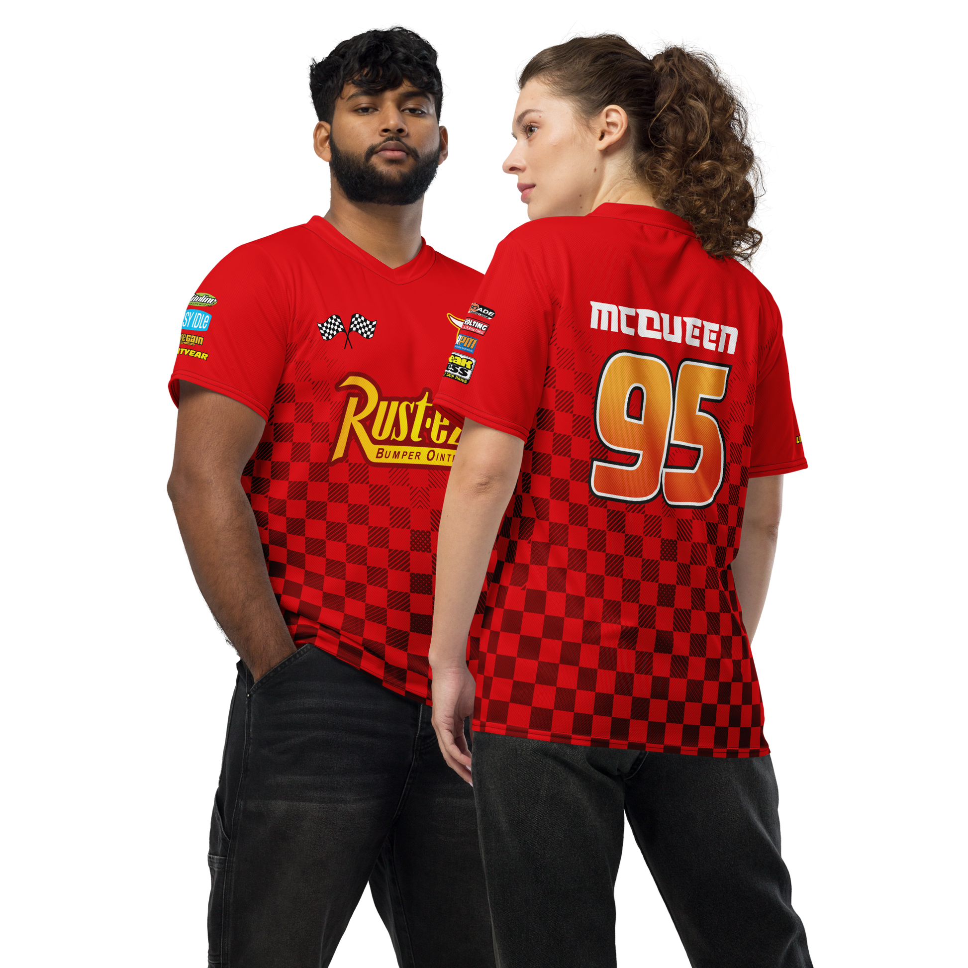 Lightning McQueen inspired Football shirt. Vintage race check style red Disney inspired soccer shirt