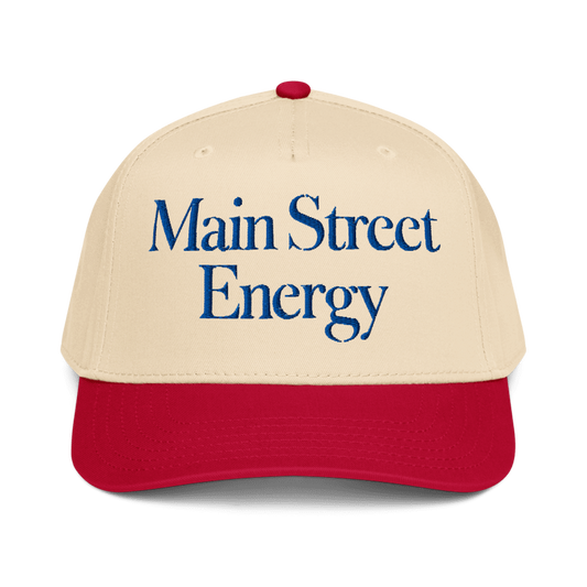 Beige and red cap with 'Main Street Energy' text 