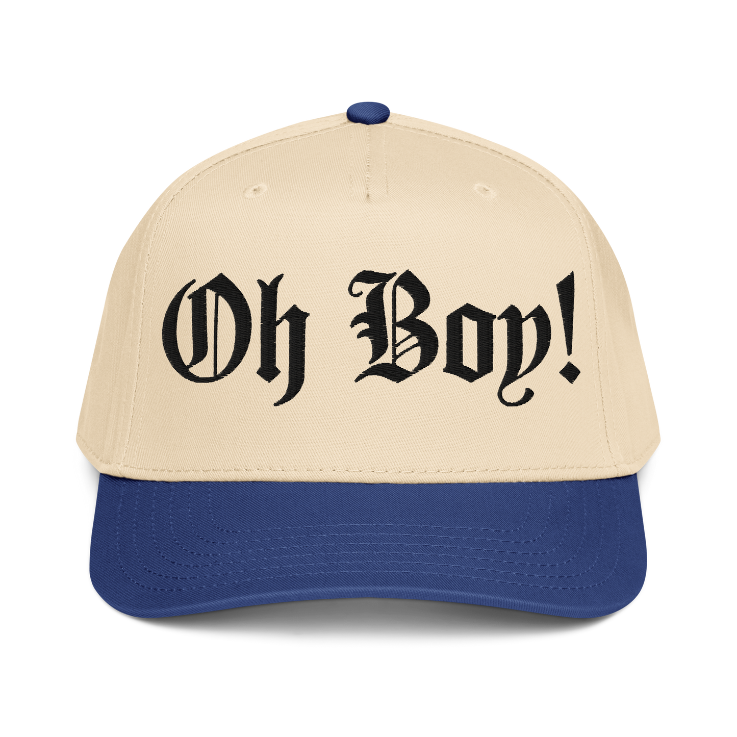 Beige and blue cap with 'Oh Boy!' baseball cap