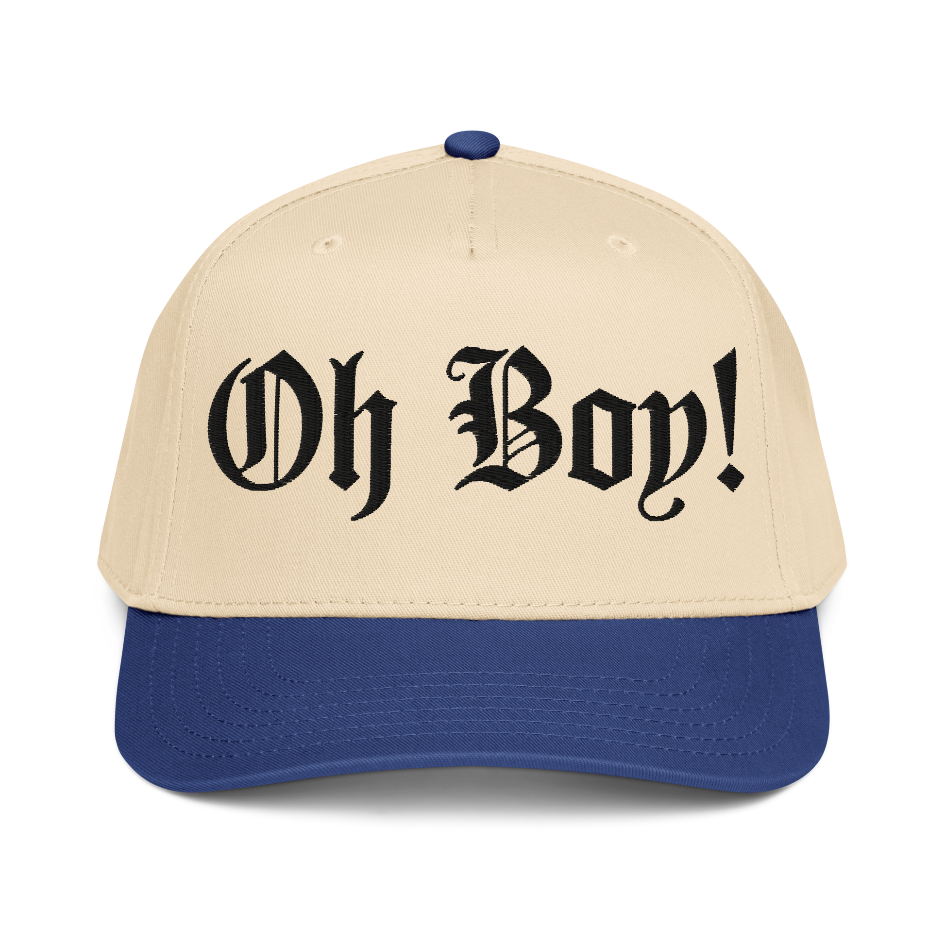 Beige and blue cap with 'Oh Boy!' baseball cap