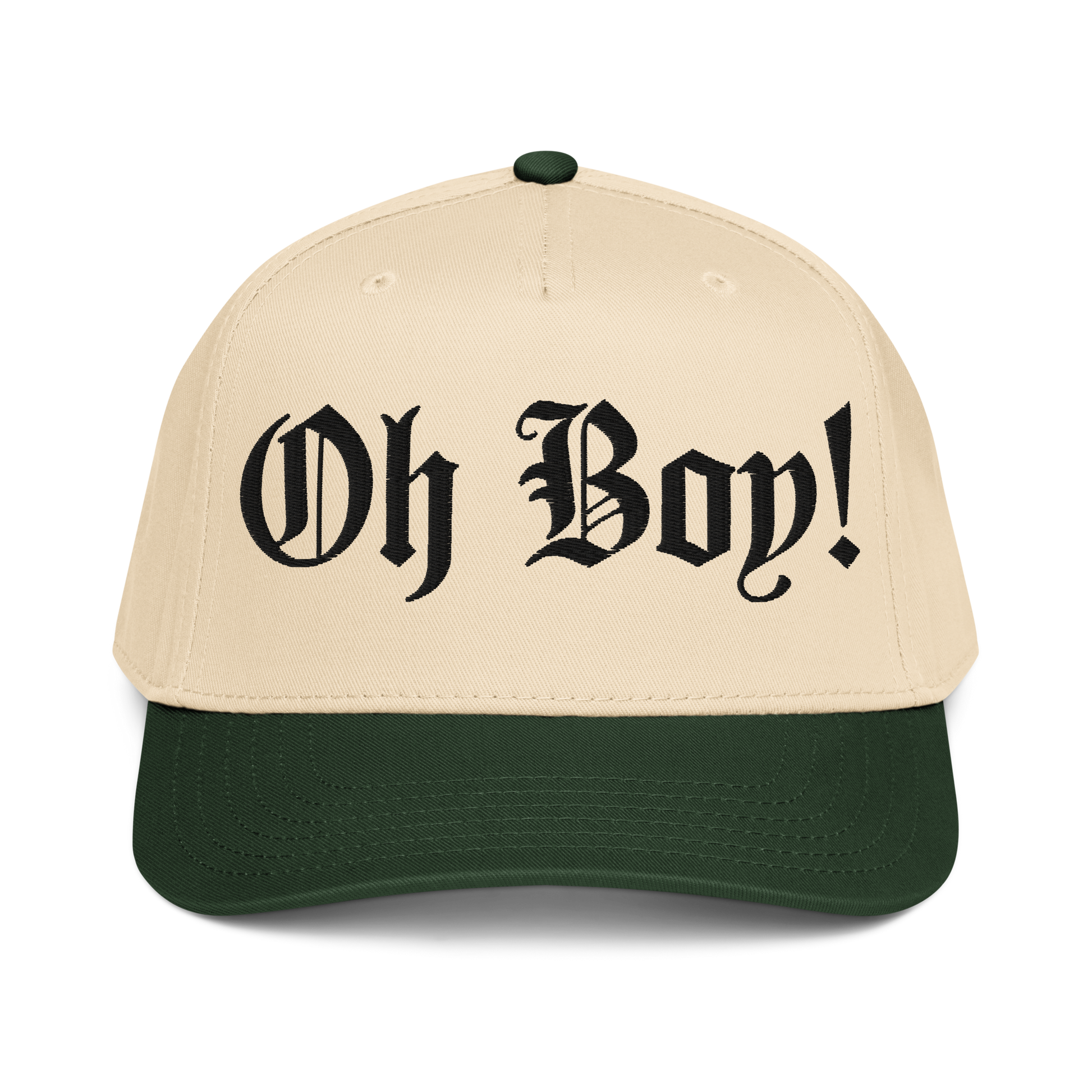 Beige and green cap with 'Oh Boy!' baseball cap