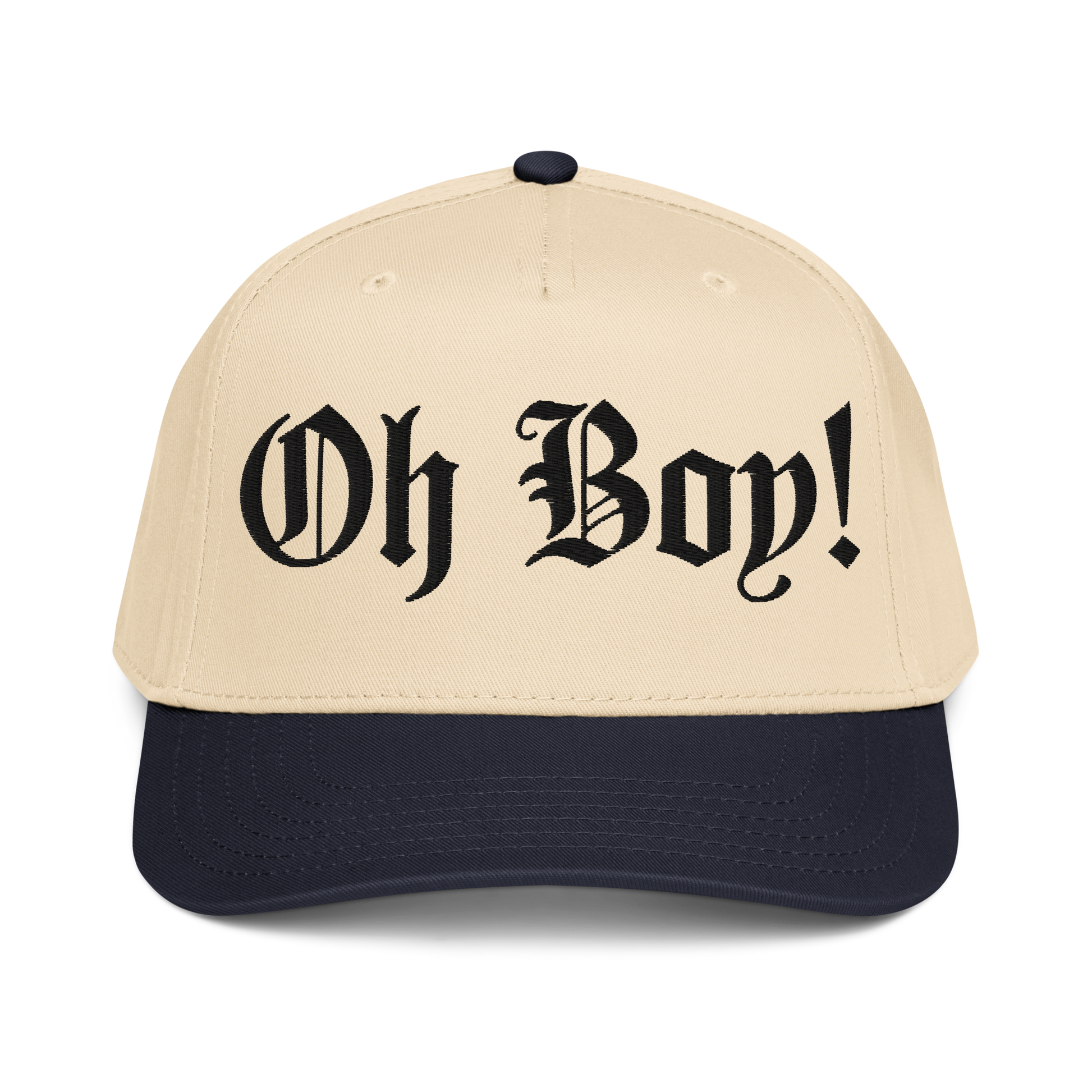 Beige and navy cap with 'Oh Boy!' baseball cap