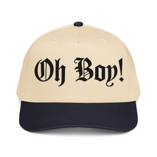 Beige and navy cap with 'Oh Boy!' text on a white background