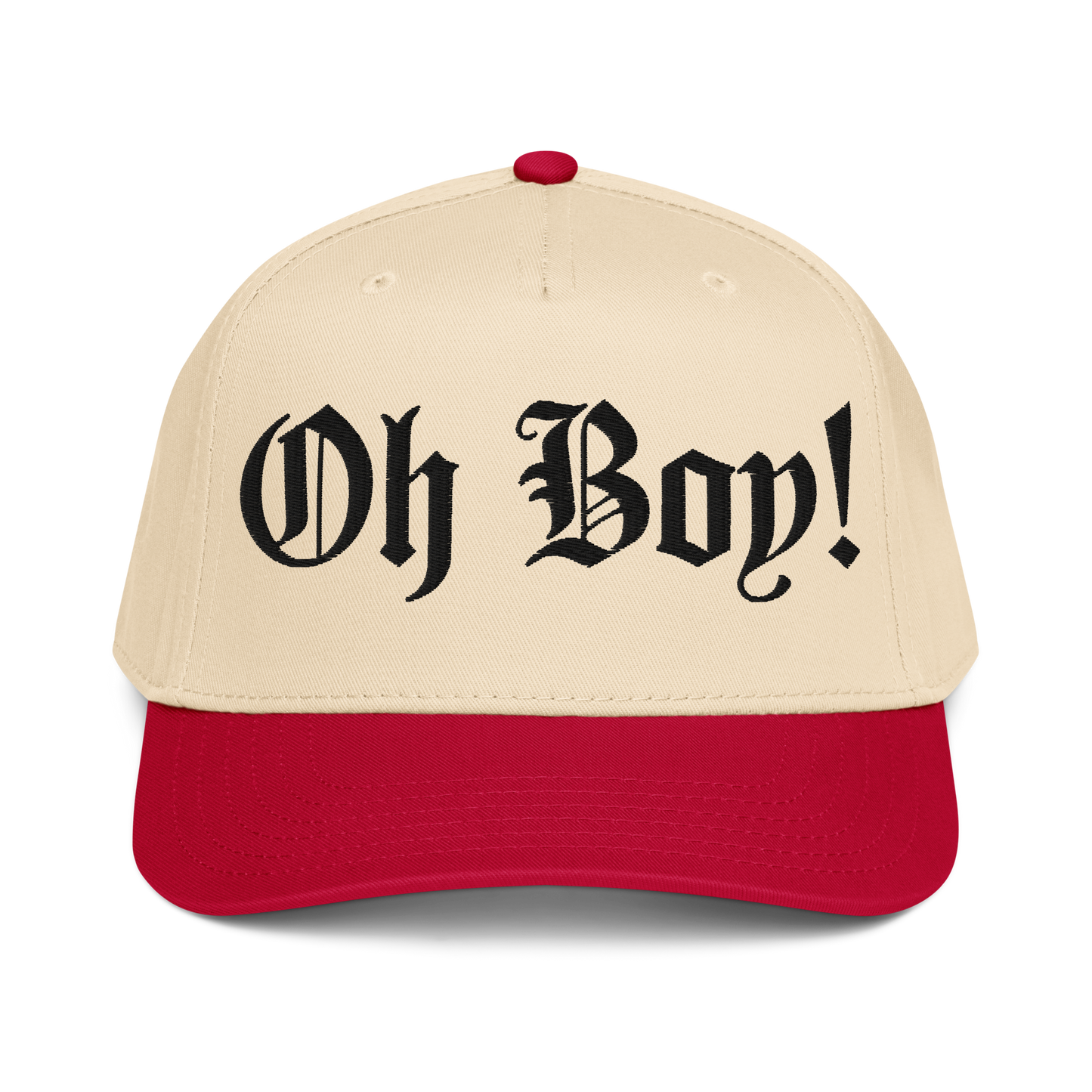 Beige and red cap with 'Oh Boy!' baseball cap