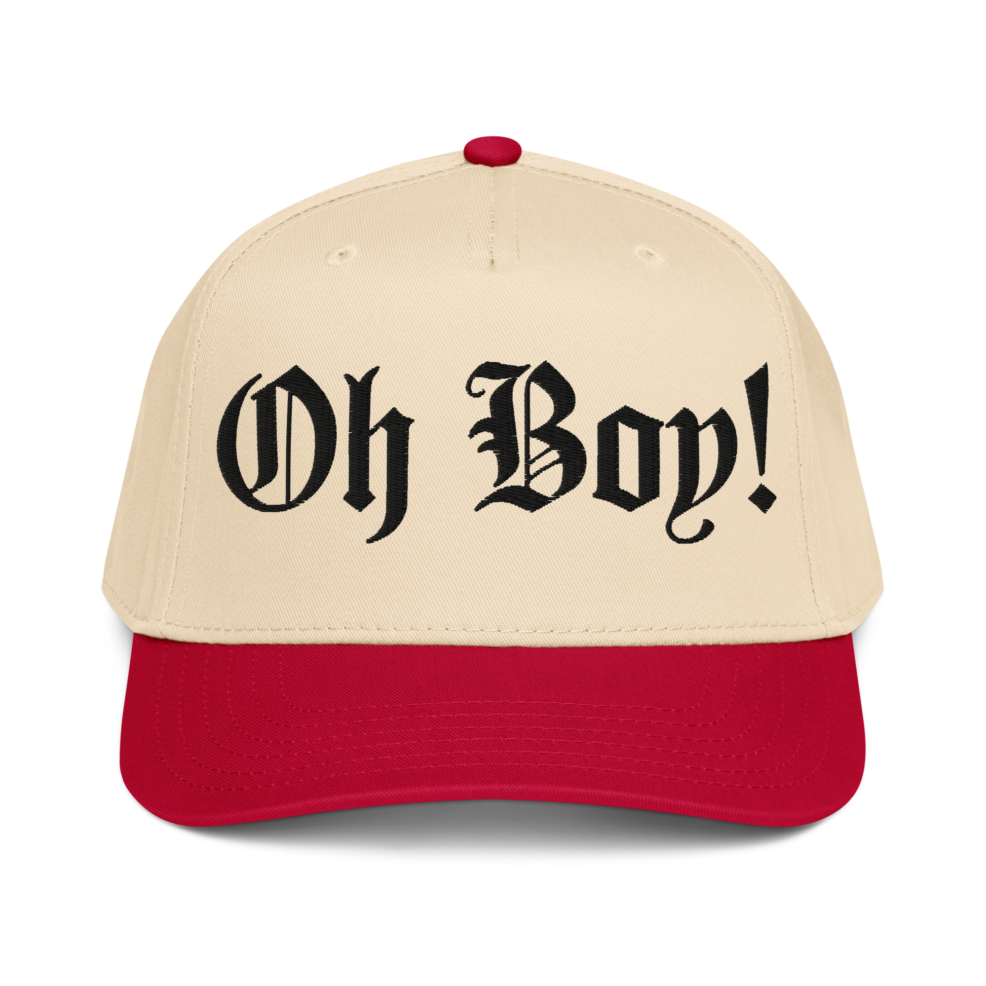 Beige and red cap with 'Oh Boy!' baseball cap