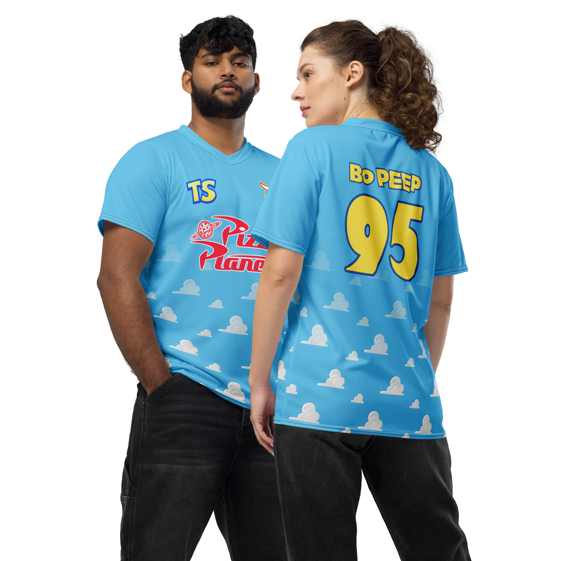 Bo Beep inspired Football shirt. Vintage style Disney inspired soccer shirt with blue clouds